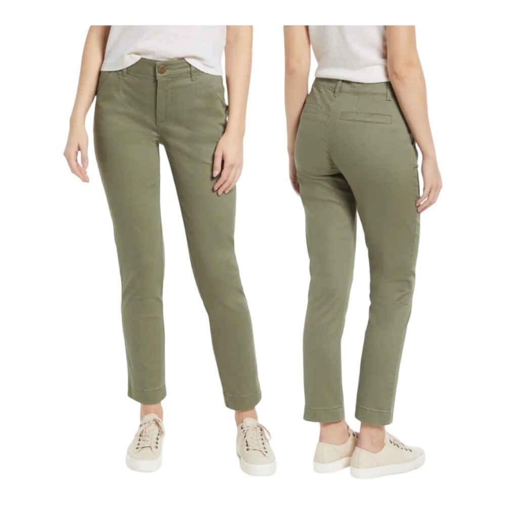 Caslan Nordstrom Low Rise Olive Green Faux Back Pockets Sz 4 Hook & Eye